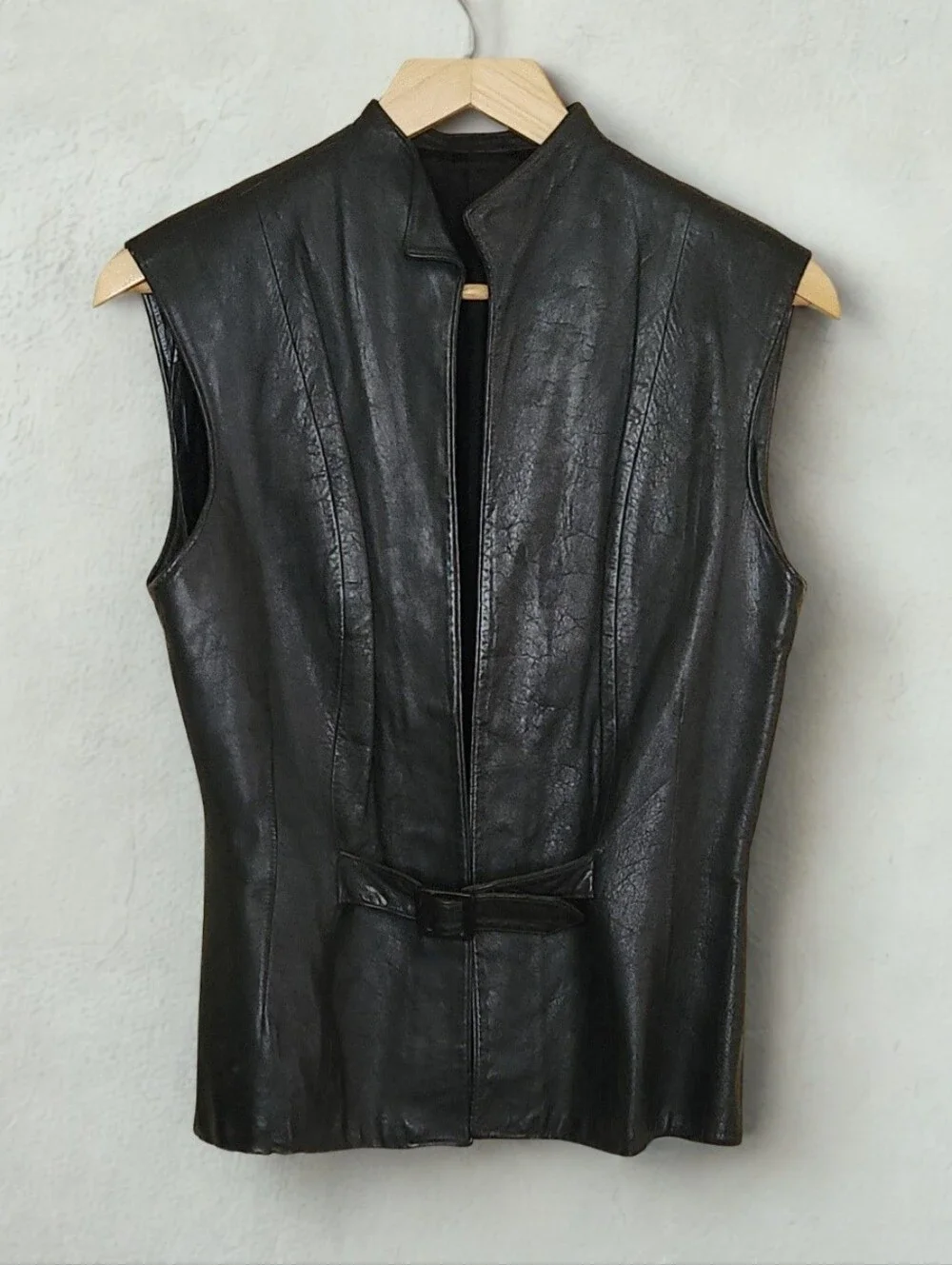 Vintage 90s Black Leather Vest Open Front Single Buckle Belted Minimalist